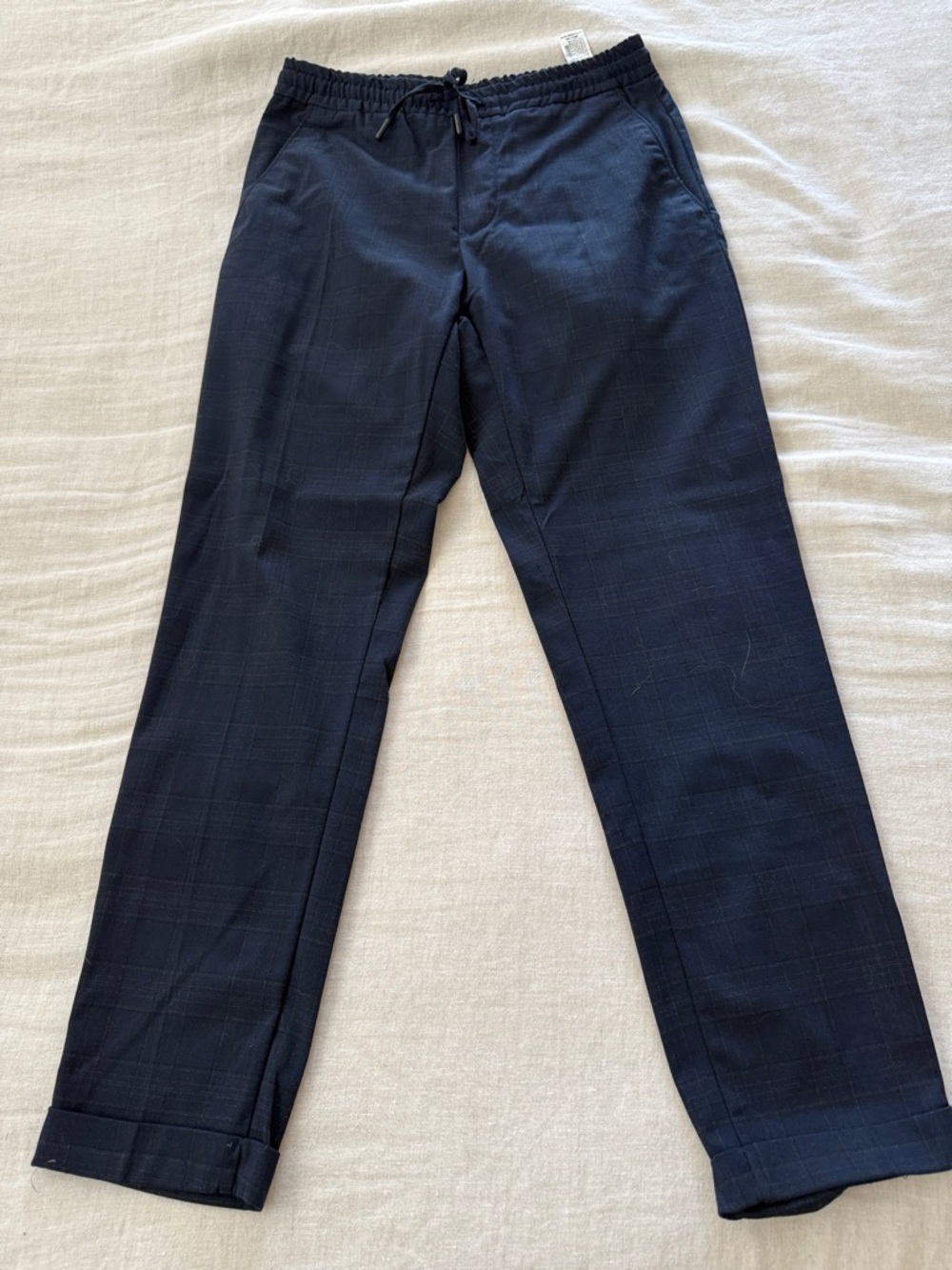 Zara Men's Dark Navy Checked Drawstring Dress Pants